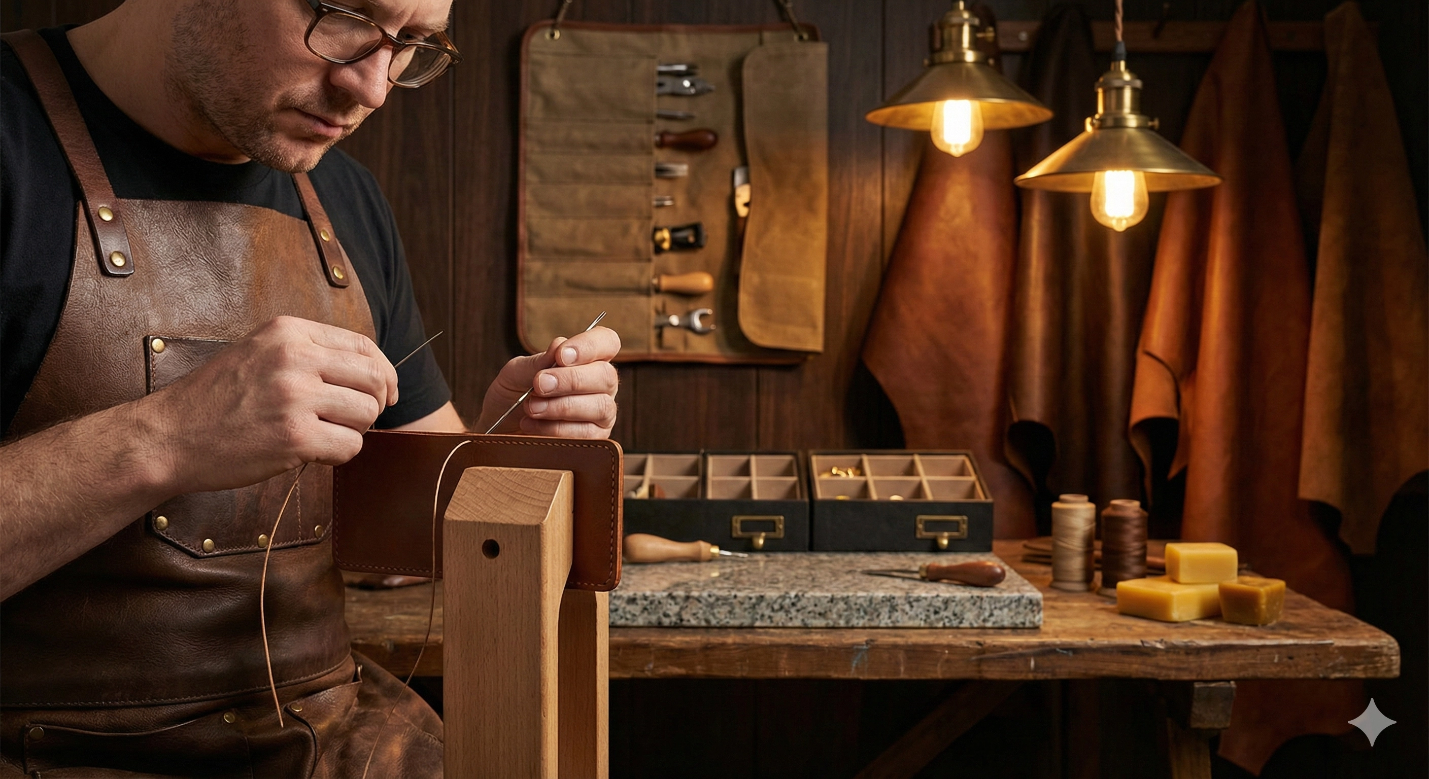 Leather worker stitching wallet